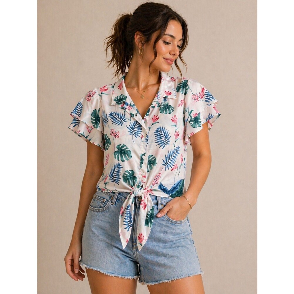 SIENNA SKY Floral Print Tie Collar Button Front Blouse Top Sz S